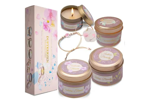 Lucadeau Duftkerze Geschenk-Set aus Sojawachs (ca. 50 std) ink. Armband mit echter Blume, Geschenk für Frauen: Mama, Schwester, Freundin - Geburtstag, Einladung