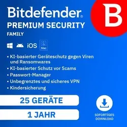 Bitdefender Premium Security Family - Sicherheitslösung für Familien - Bitdefender Premium Security Family bietet umfassenden Schutz für alle Geräte in einem Haushalt. Ideal für Familien mit mehreren Nutzern, schützt es Windows-PCs, Macs und mobile Geräte in einer benutzerfreundlichen Lösung.