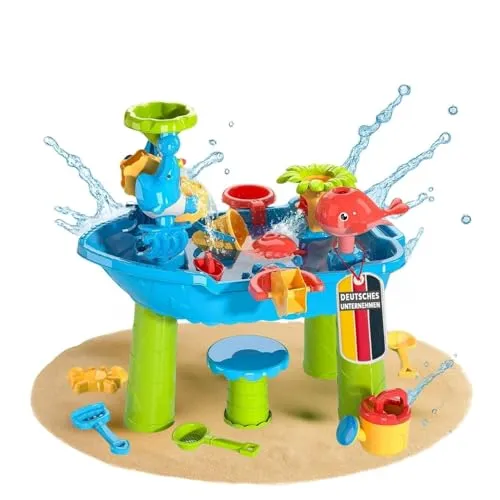 Coemo Sand- und Wasserspieltisch NARIUS S, 1 Hocker, Wassertisch Kinder Outdoor für Wasserspiele draußen, Balkon und Garten, Matschtisch mit Sandkastenspielzeug, Eimer, Schaufel, Gießkanne, Wasserrad