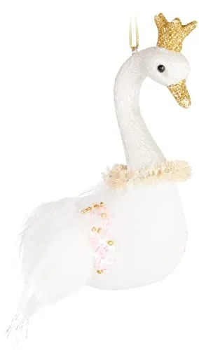 BRUBAKER Schwan Prinzessin mit Glitzer Krone Weihnachtskugel aus Glas - Handbemalt und Mundgeblasen - Christbaumschmuck Lustig - Weihnachtsdeko Figur Anhänger - Deko Baumkugel Weiß