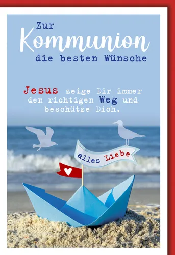 Kommunion - Karte mit Umschlag - blaues Segelboot