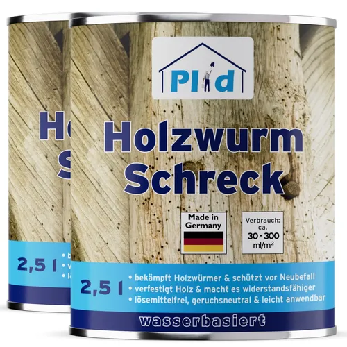 Holzwurm-Schreck 5l - Effektiver Holzschutz gegen Holzwürmer - Holzpflege: Schnelltrocknende Grundierung für Innen & Außen, schützt zuverlässig vor Holzwürmern und Holzbohrkäfern.