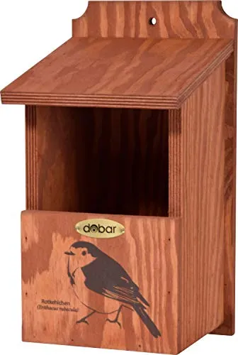 dobar® green label 22366FSCe Nistkasten "Rotkehlchen" - Halbhöhlenkasten aus Holz - Nisthilfe für Halbhöhlenbrüter - Nistplatz Halbhöhle mit Siebdruckmotiv Rotkehlchen - 17 x 18 x 32 cm - Braun