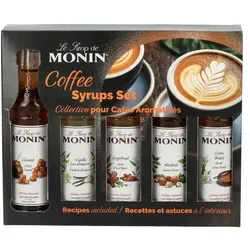 Le Sirop de Monin COFFEE SYRUPS SET 5x0,05l - Sirup-Set mit 5 beliebten Kaffeesirupen in handlichen 0,05-Liter-Flaschen. Perfekt zum Verfeinern von Kaffee, Milchshakes und Desserts – ideal für Kaffeeliebhaber und als Geschenk!