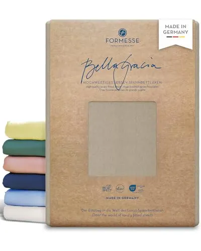 Formesse Bella Gracia Jersey Spannbettlaken für Topper 90x190-200 cm - Champignon - Hochwertiges Jersey Spannbettlaken aus 97% Baumwoll-Kompaktgarn und 3% Elastan für perfekten Sitz. Weich, pflegeleicht und langlebig – ideal für Topper bis 12 cm Höhe. Made in Germany mit geprüftem Qualitätsstandard.