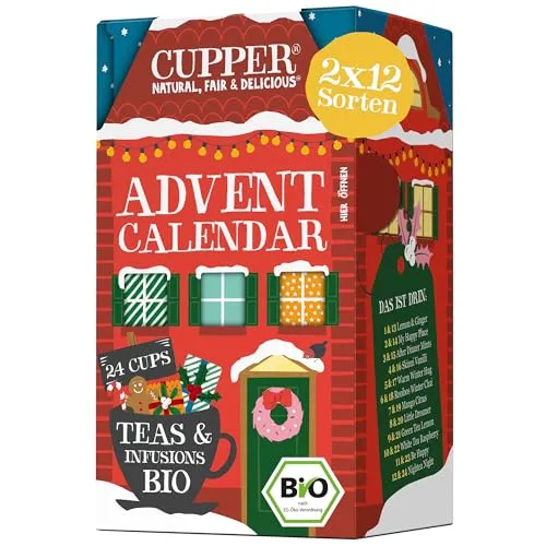 Cupper Bio Tee Adventskalender 2025 – 24 Teebeutel für eine genussvolle Adventszeit - Entdecken Sie 24 exquisite Teesorten im Cupper Adventskalender. Ideal zum Verschenken oder für eigene Genussmomente. Die Teebeutel sind plastikfrei und aus ökologischer Landwirtschaft.