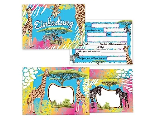 Limonia 12 Einladungskarten incl. 12 Umschläge zum Kindergeburtstag Einladung Geburtstag Mädchen Jungen Karten Safari Giraffe Zebra Pferd Sahara