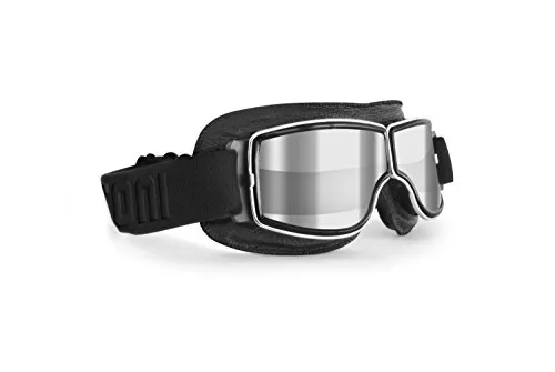 BERTONI Motorradbrille Schutzbrille für Harley Davidson Chopper und Scrambler aus schwarzem Leder und Chrom Rahmen mod. 188 (Transparente Silberspiegel Linse)