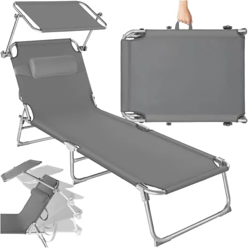 tectake® Sonnenliege mit Dach - Klappbare Gartenliege für Balkon & Strand - Gartenliegen für höchsten Liegekomfort: Mit verstellbarer Rückenlehne und Sonnendach für optimalen Schatten. Ideal für Balkon, Terrasse, Camping und Strand - leicht transportierbar und platzsparend.