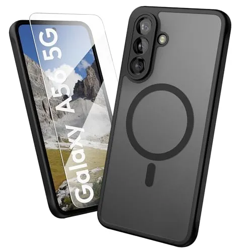 Oakshield Hülle für Samsung Galaxy A56 5G Hülle - Magnetische Handyhülle halbtransparent - Schutzhülle stoßfest mit Kameraschutz - Mit Glas Folie - Case Schwarz