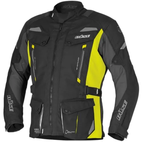 Büse Lago III Motorradjacke L - wasserdicht und belüftet in Schwarz-Fluogelb - Hochwertige Motorradjacke mit herausnehmbarem Innenfutter und regulierbarer Passform. Ideal für den täglichen Einsatz, bietet sie Atmungsaktivität und Schutz durch Protektoren.