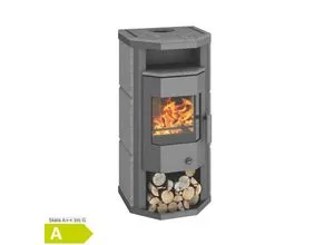 Wamsler "Tyhra" Naturstein Kaminofen mit Dauerbrand-Automatik - Eleganter Kaminofen in gussgrau mit Natursteinverkleidung, ausgestattet mit Scheibenspülung, Holzlager und Teefach für optimalen Komfort und effiziente Wärmespeicherung.