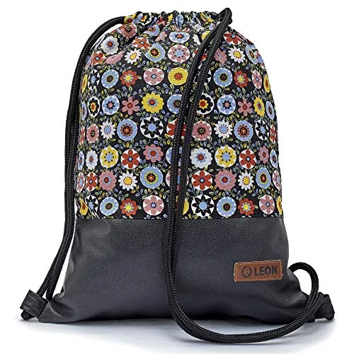 By Bers Leon großer Premium Turnbeutel mit Innentaschen Rucksack Tasche Damen Herren Teenager Gym Bag Draw String 45x34cm für Sport Reise Alltag Einkauf (BuntBlumeSchwarzPU)