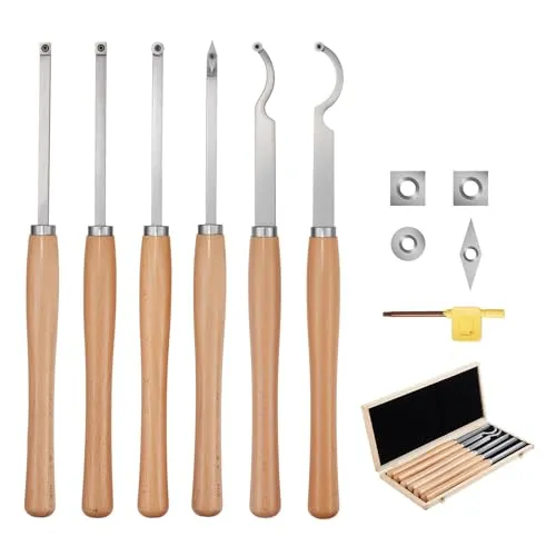 VEVOR 6-teiliges Drechselmesser Set - Stech- & Hohlbeitel Set mit Hartmetallspitzen in robuster Holzkiste, ideal für präzises Drechseln und kreative Holzarbeiten.