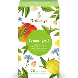 Dallmayr Tee Pyramiden Sonnengruß, 20 Pyramidenbeutel - Hochwertiger Grüner Tee mit fruchtig-exotischem Mango-Zitronen-Aroma. Genießen Sie die feinen Aromen in praktischen Pyramidenbeuteln. Ideal für Teegenießer!