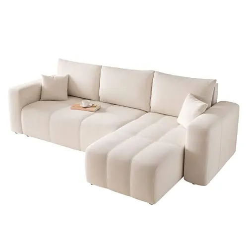 GREKPOL Sofa mit Schlaffunktion 145x248 - Beige Ecksofa - Sofas & Couches mit flexibler Ottomane, die sich an jede Raumgestaltung anpasst. Ideal für 3 Personen, verwandelt sich leicht in ein bequemes Bett mit Bettkasten für optimalen Stauraum.