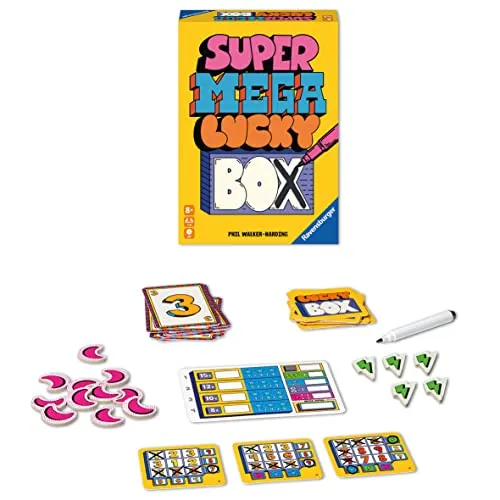 Ravensburger 27367 - Super Mega Lucky Box Schnelles Flip & Write Spiel für Erwachsene und Kinder ab 8 Jahren, für Spieleabende mit Freunden oder der Familie, für 1-6 Spieler