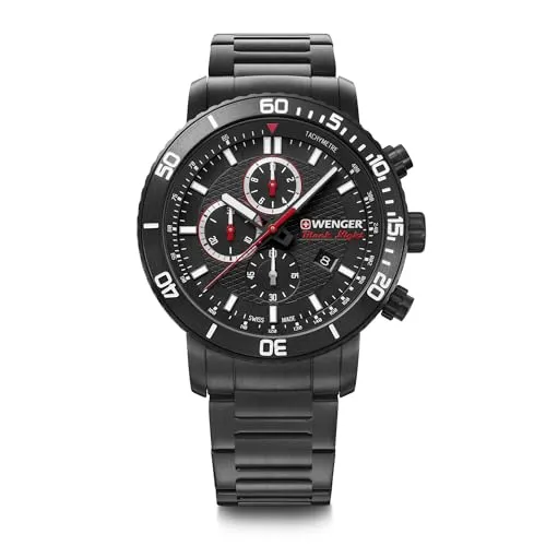 WENGER Herren Armbanduhr Roadster Black Night Chronograph Ø 45 mm, Swiss Made, Analog Quarz, Wasserdicht bis 100 m, Edelstahl-Armband, Schwarz, 01.1843.110