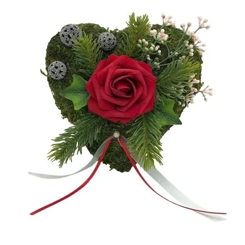 Grabgesteck Moosherz mit roter Rose - Blumendeko mit liebevoll handgearbeitetem Moosherz und einer eleganten roten Rose. Jedes Gesteck ist ein Unikat und bietet eine besondere Trauergesteck-Dekoration für Grabstätten.