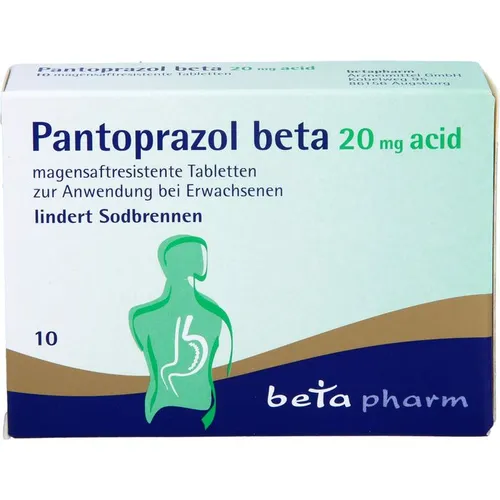 Pantoprazol Beta 20 mg Acid Magensaftres.tabletten - Arzneimittel zur kurzzeitigen Behandlung von Refluxsymptomen wie Sodbrennen. Reduziert effektiv die Magensäure und lindert Beschwerden bereits nach einem Behandlungstag.