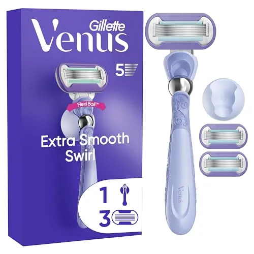 Gillette Venus Deluxe Smooth Swirl 3er + Handstück - Damenrasierer mit 3 Ersatzklingen für eine hautverwöhnende Geschmeidigkeit, ideal für schwierige Stellen. Perfekt für eine sanfte und gründliche Rasur.