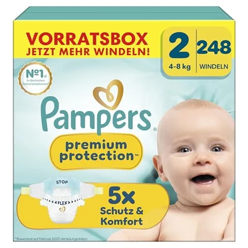 Pampers Premium Protection Größe 2, 248 Windeln, 4kg-8kg - Optimaler Schutz für Ihr Baby: Das flexible Bauchbündchen sorgt für eine bequeme Passform, während der super saugfähige Kern Flüssigkeit schnell einschließt. Ideal für eine sorgenfreie Nacht und einen aktiven Tag!