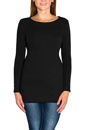 Alkato Damen Langarm Longshirt Langarmshirt Tunika Basic Shirt, Farbe: Schwarz, Größe: XL