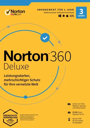 Norton 360 Deluxe für 3 Geräte - 1 Jahr - Antivirus-Software mit Internet-Sicherheit, schützt bis zu 3 Geräte und bietet 25GB Cloud-Speicher, ideal für umfassenden Schutz auf Mac, Windows und iOS.