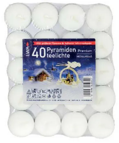 Pyramiden-Teelichter Premium, 40 Stück von JEKA Ebersbacher Kerzen - Weiß - Kerzen für Pyramiden, lange Brenndauer von 3,5 bis 4 Stunden, ideal für Stövchen, sorgen für eine optimale Wärmebildung und stimmungsvolle Atmosphäre.