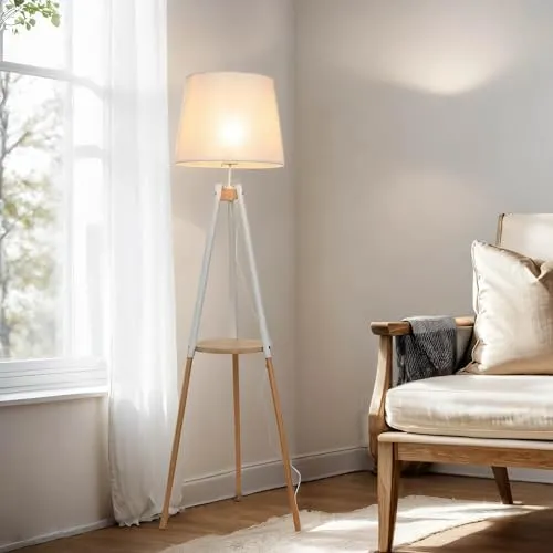 Helle Stehlampe Creme Weiß Echt Holz 148cm - Skandinavische Stehleuchte mit großem Empire-Schirm, ideal für stimmungsvolle Beleuchtung in Wohnzimmer und Schlafzimmer. Aus echtem Holz gefertigt, verbindet sie Stil und Funktion.