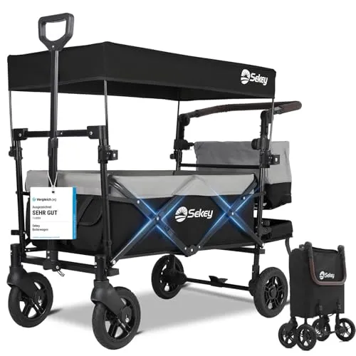 Sekey Faltbarer Bollerwagen mit Dach für 2 Kinder, 150kg - Handwagen mit geräuscharmen PU-Rädern und 110L Stauraum, ideal für Ausflüge mit Kindern. Bietet Komfort und Sicherheit mit 3-Punkt-Gurtsystem.