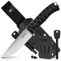 GREIFS® Outdoor-Messer aus D2 Stahl mit Kydex Holster und Feuerstahl, edles Survival Messer für die Bushcraft Ausrüstung, Jagdmesser, Schnitzmesser, Fahrtenmesser (Ranger/Silber-Schwarz)