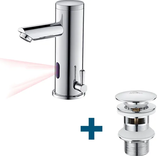 Auralum Infrarot Sensor Wasserhahn Automatik mit Ablaufgarnitur - Hygienische Badarmatur mit Infrarotsensor für kontaktfreies Wasserlassen. Ideal für Waschbecken mit Überlauf. Einfache Installation und Reinigung, spart Wasser und schützt vor Verunreinigungen.
