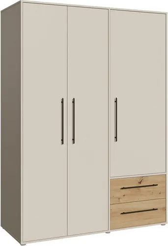 Kleiderschrank MOKKARIS – Praktisch & Stilvoll - Moderner Kleiderschrank mit 3 Türen, 3 Fachböden und 2 Schubkästen. Ideal für Ordnung und Platz, in ansprechendem Sand und Artisan Eiche Design.