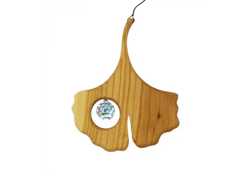 mitienda Fensterdekoration (Fensterbilder) Fensterdeko aus Holz, Ginkgo mit Kristall
