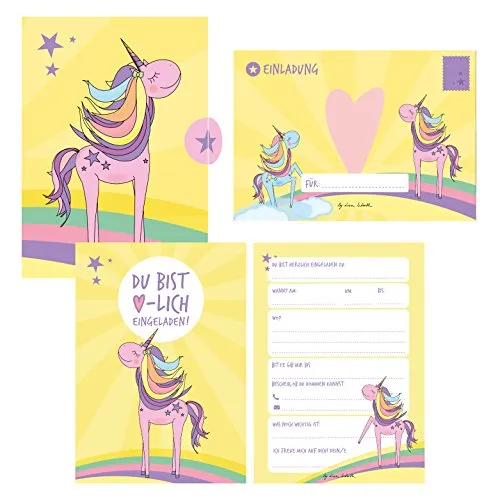 Einladungskarten Geburtstag Einhorn (Mädchen). Handgemachte Einladungskarten Kindergeburtstag inkl. 12 liebevollen Hand designten Briefumschlägen - ... Karton Box. Stay Inspired By Lisa Wirth 12