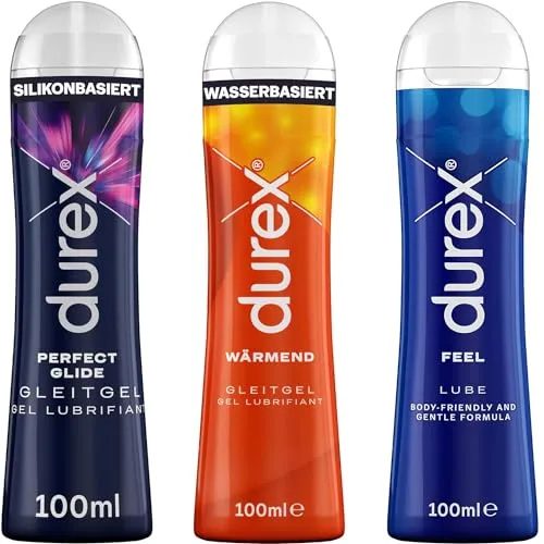 Durex Play Gleitgel Vielseitige Mixpackung - Feel, Wärmend & Perfect Glide - Gleitmittel für intensives Liebesspiel: Enthält 3 x 100 ml Wasserbasis-Gele, die Trockenheit lindern und für langanhaltenden Spaß sorgen. Ideal für alle Geschlechtsverkehrsarten und kompatibel mit Durex Kondomen.