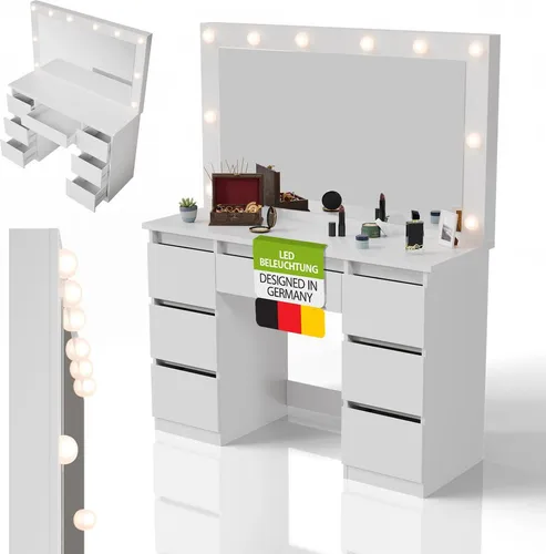 Juskys Schminktisch mit Spiegel Lilia - Schminktisch mit integriertem Spiegel und LED-Licht, bietet viel Stauraum für Make-up und Accessoires, ideal für jedes Schlafzimmer.