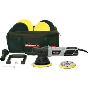 Dino-Kraftpaket Exzenterschleifer 15mm, 900 W mit Tasche - Poliermaschine mit 15mm Hub, ideal für hologrammfreies Polieren. Inklusive zwei Stützteller (125mm, 150mm) für vielseitige Anwendungen und maximalen Komfort.