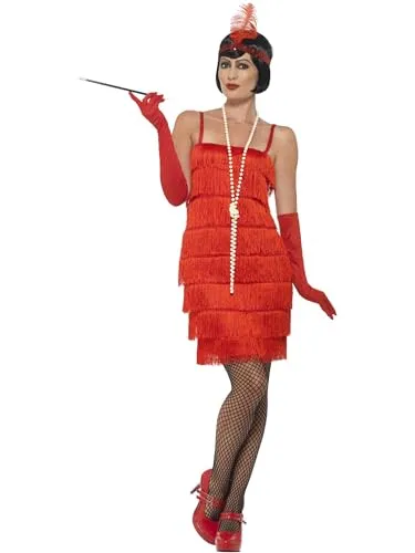 Smiffys Flapper Kostüm Rot - Damen Kostüm-Outfit für Karneval und Themenpartys, inklusive kurzem Kleid, Kopfschmuck und Handschuhen, aus leichtem Material für hohen Tragekomfort.