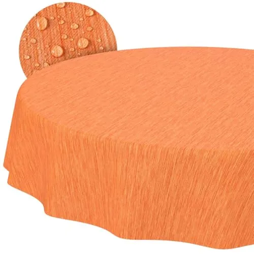Tischdecke abwaschbar Wachstuch Wachstuchtischdecke Gartentischdecke Leinen-Optik Pflegeleicht Wasserabweisend 100cm (Rund) Orange Schnittkante