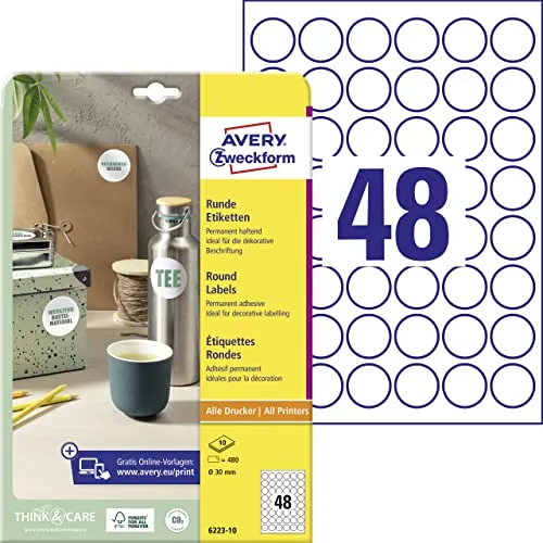 AVERY Zweckform 6223-10 Runde Etiketten (480 Klebepunkte, Ø30mm auf A4, runde Aufkleber zum Bedrucken, selbstklebende Produktetiketten, permanent haftende Marmeladenetiketten) 10 Blatt, weiß
