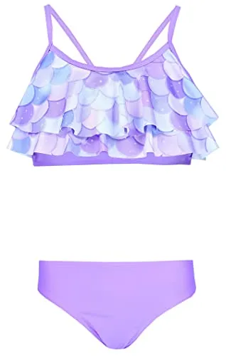 Aquarti Mädchen Bikini Set Bustier Bikinislip Zweiteiliger Badeanzug, Farbe: 030F mit Rüschen/Meerjungfrau Violett/Lila, Größe: 152