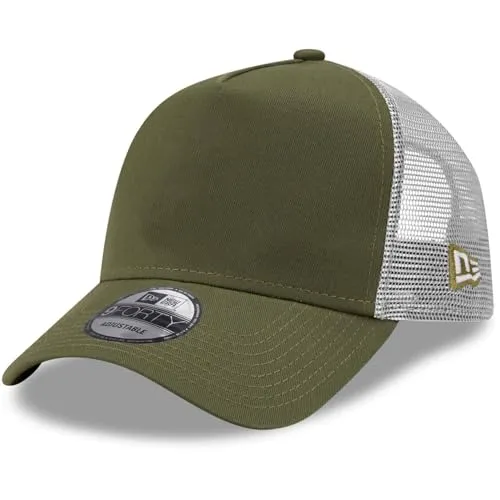 New Era A-Frame Mesh Trucker Cap - Essential Oliv - Verstellbare Snapback mit luftiger Mesh-Rückseite für optimalen Tragekomfort und Stil. Ideal für Freizeit und Outdoor-Aktivitäten.