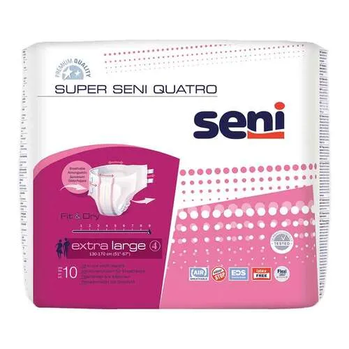 SENI Super Quatro XL, 10 Stück - Zuverlässiger Inkontinenzschutz - SENI Super Quatro bietet optimalen Schutz bei starker Inkontinenz. Mit atmungsaktiven Materialien und anatomischer Passform für hohen Tragekomfort. Ideal für mobile und bettlägerige Anwender.