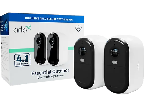 ARLO Essential 2er-Pack HD Outdoor Überwachungskamera - Amazon Alexa Geräte mit 1080p HD-Video, wetterfest und integriertem Scheinwerfer. Ideal für den Schutz Ihres Zuhauses – einfach zu installieren und mit Smart Home-Integration.