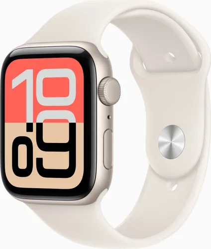 Apple Watch SE 3 44 mm Polarstern Aluminium mit Sportarmband S/M - Smartwatch für Herren und Damen, kompatibel mit iOS. 1,78" OLED Display, NFC-Zahlungen, GPS, Schrittzähler und Schlafüberwachung. Wasserfest bis 50 m. Maximale Batterielebensdauer: 32 Std. Ideal für aktive Lebensstile.