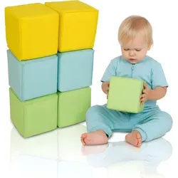 alldoro Softbausteine-Set - 6 weiche Schaumstoffwürfel für Babys und Kinder - Bauklötze, 6 farbenfrohe, abwaschbare Schaumstoffwürfel (14 x 14 cm), sicher und leicht, ideal für die motorische Förderung ab der Geburt.