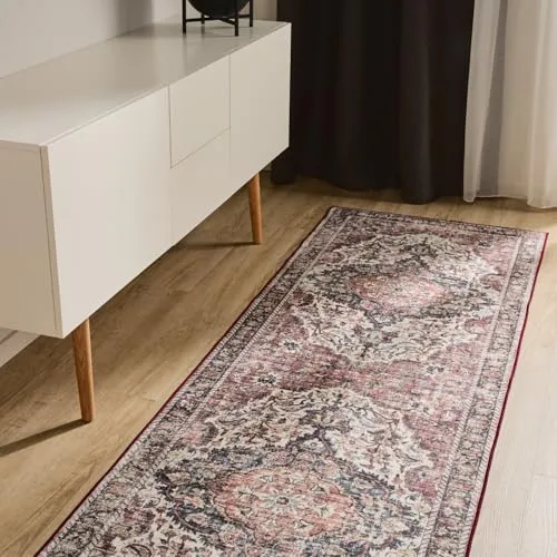 benuta Basic Waschbarer Teppich George - Multicolor/Rot 80x240 cm - Vielseitiger Vintage-Teppich mit moderner Eleganz, pflegeleicht und maschinenwaschbar. Ideal für Wohnzimmer, Schlafzimmer oder Flur – mit rutschfester Rückseite für sicheren Halt.