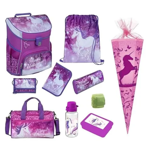 Familando Mädchen Schulranzen 1. Klasse - Scooli Campus Fit mit Einhorn-Motiv - Ergonomischer & leichter Schulranzen für Mädchen, 10-teiliges Set inklusive Schultüte und Turnbeutel, ideal für die Einschulung!